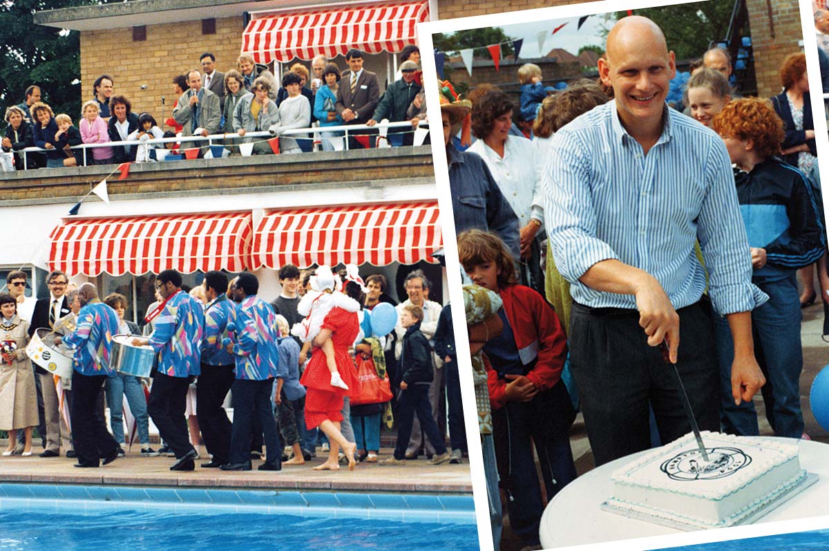 Guest of honour Olympic Gold winning medallist Duncan Goodhew cuts the cake at the Opening Party in 1985